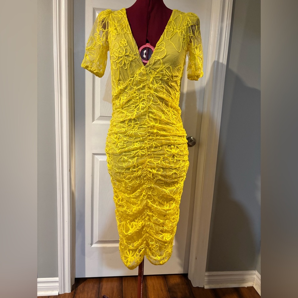 Zara Vibrant Yellow Lace Midi Dress